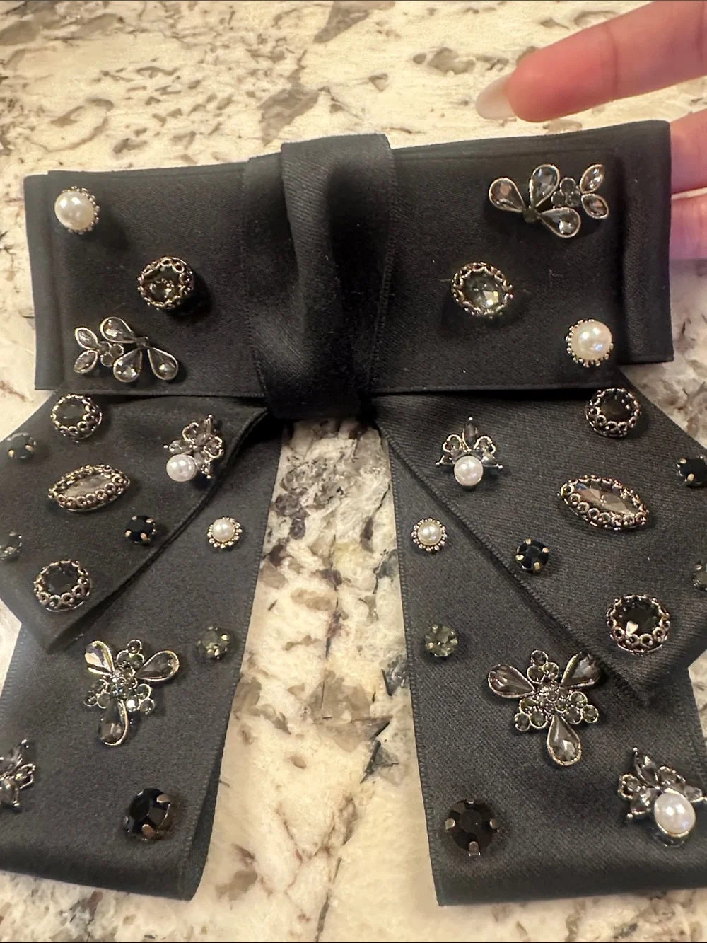 Saks Fifth Avenue Black Bow Hair Clip with Pearl & Crystal Accents